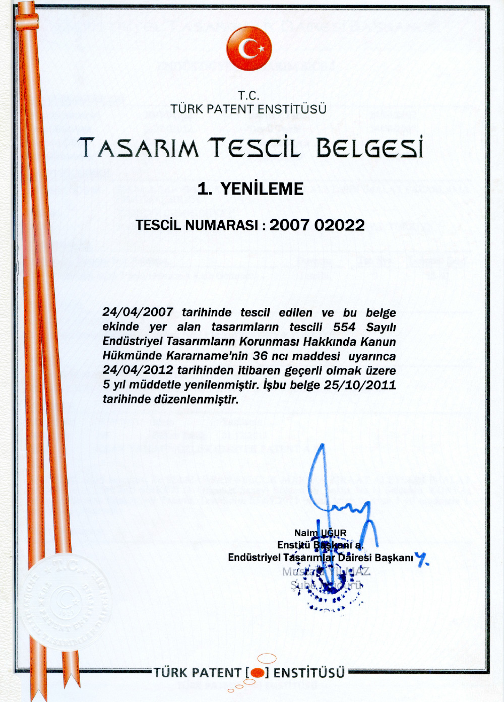 Tasarım Tescil Belgesi